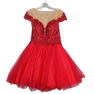 Terani Couture Tulle Lace Jeweled Red‎ Gown Size 8 EUC